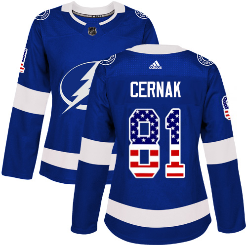 Adidas Tampa Bay Lightning 81 Erik Cernak Blue Home Authentic USA Flag Women Stitched NHL Jersey